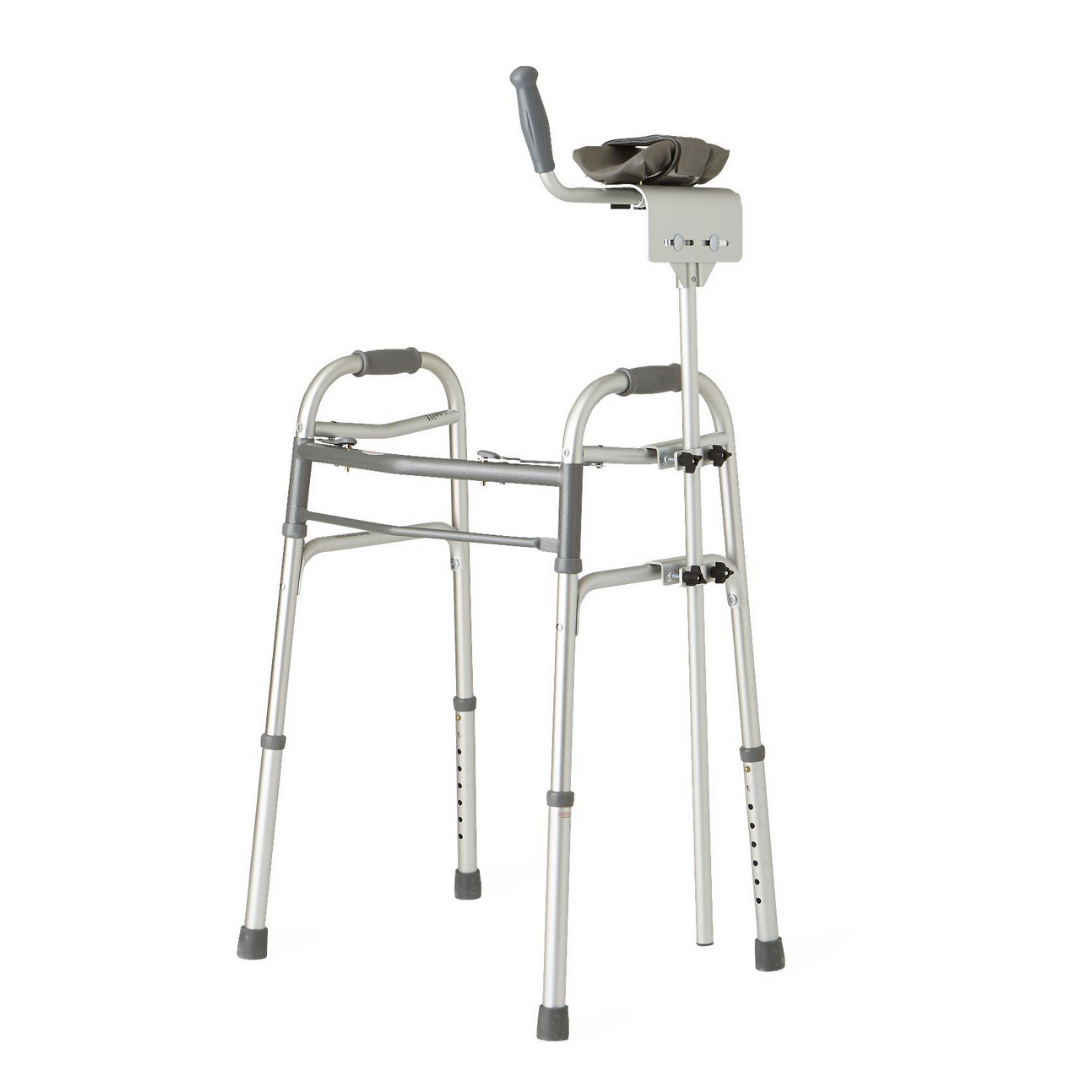 The Medline Walker Platform Attachment is a silver metal accessory with four legs, rubber tips, a high armrest, and an adjustable forearm support handle for enhanced stability.
